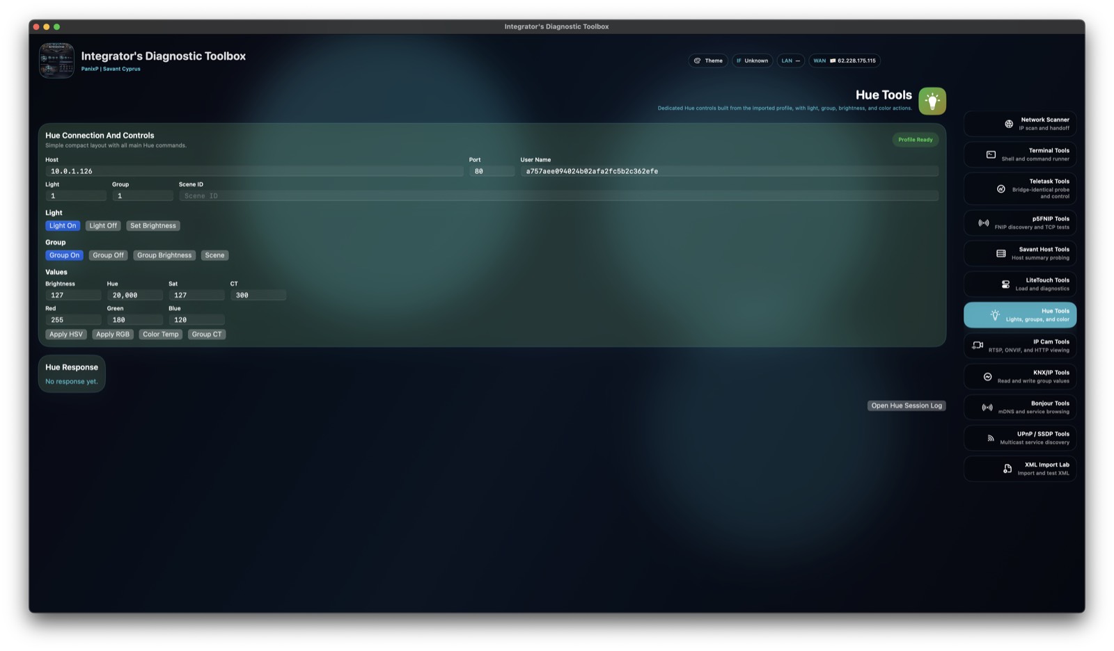 Diagnostic Tool screenshot showing Hue tools for group, brightness, and color control.