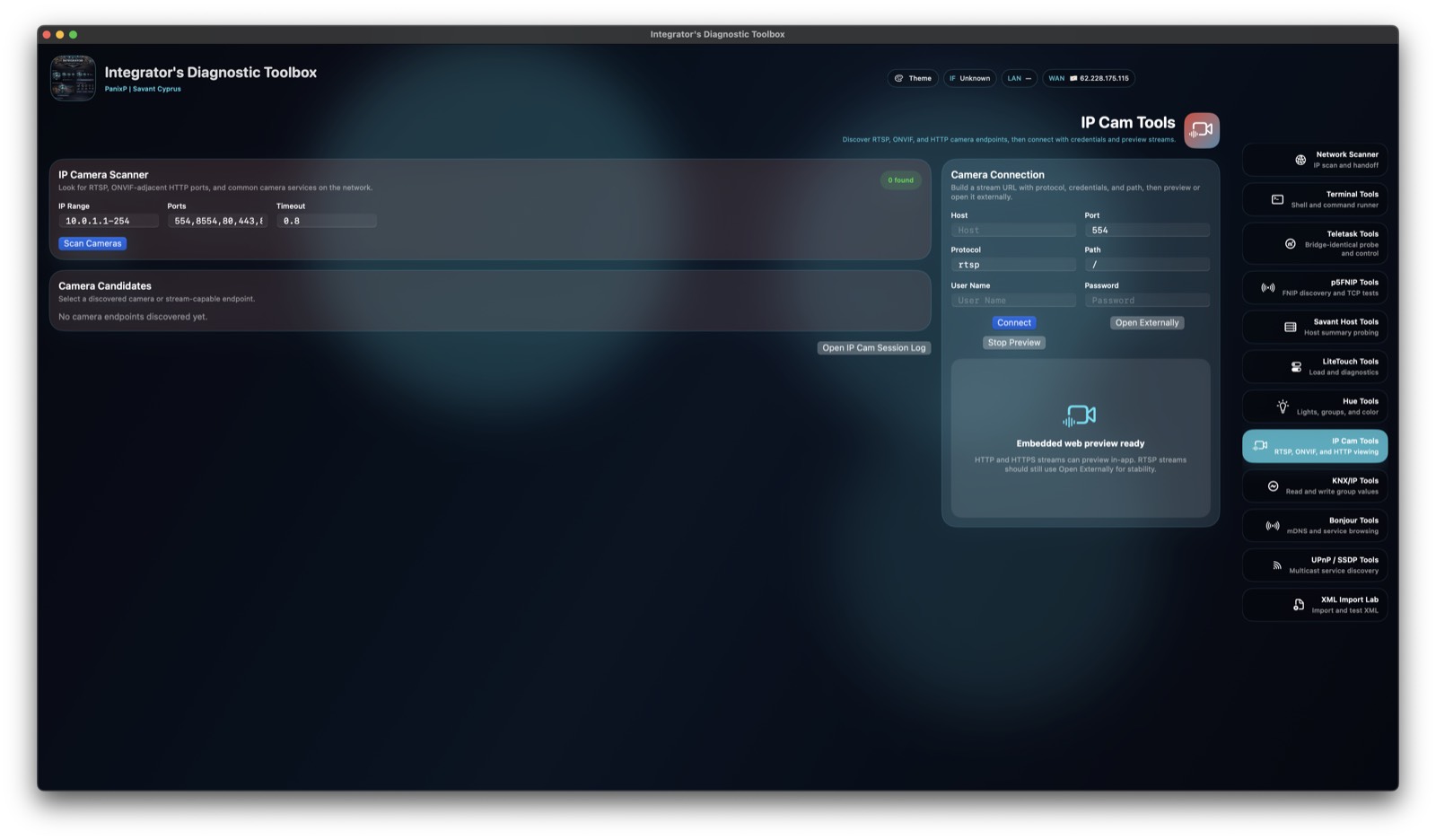 Diagnostic Tool screenshot showing IP camera tools and web preview.