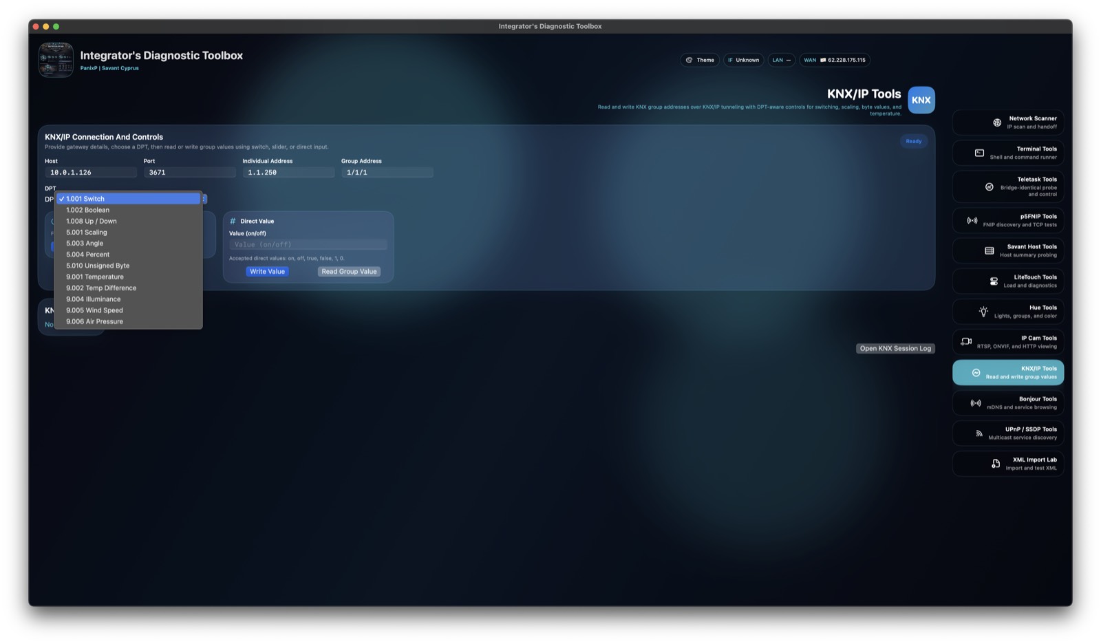 Diagnostic Tool screenshot showing KNX tools with DPT selection.