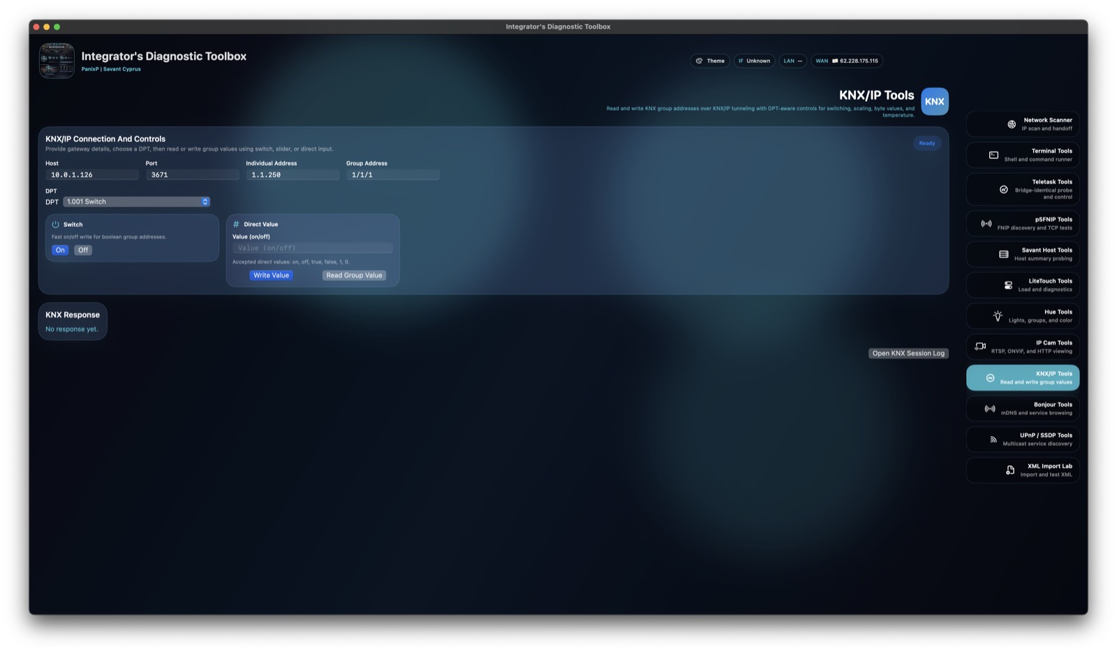Diagnostic Tool screenshot showing KNX tools with switch controls.