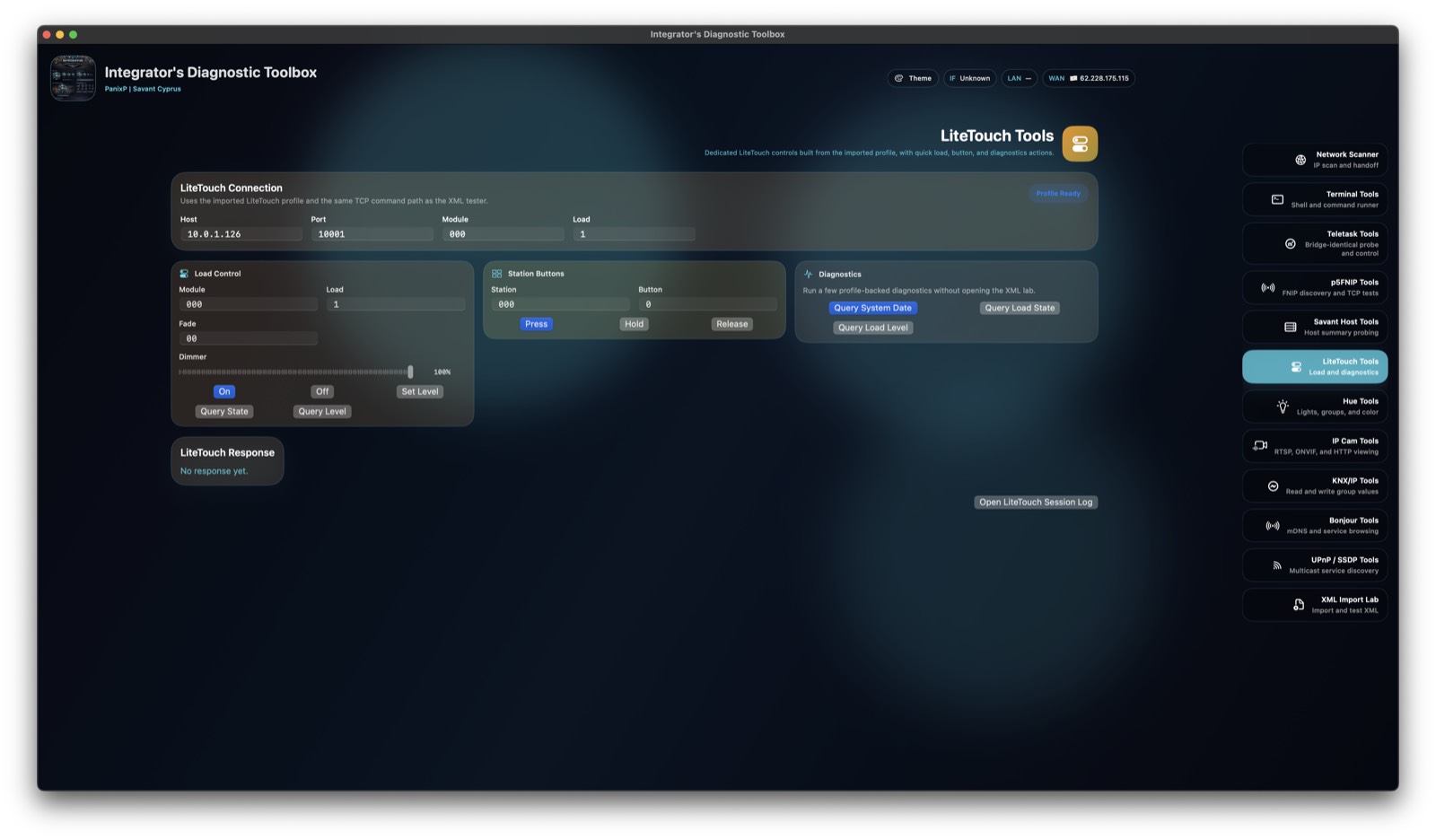 Diagnostic Tool screenshot showing LiteTouch load control and diagnostics.