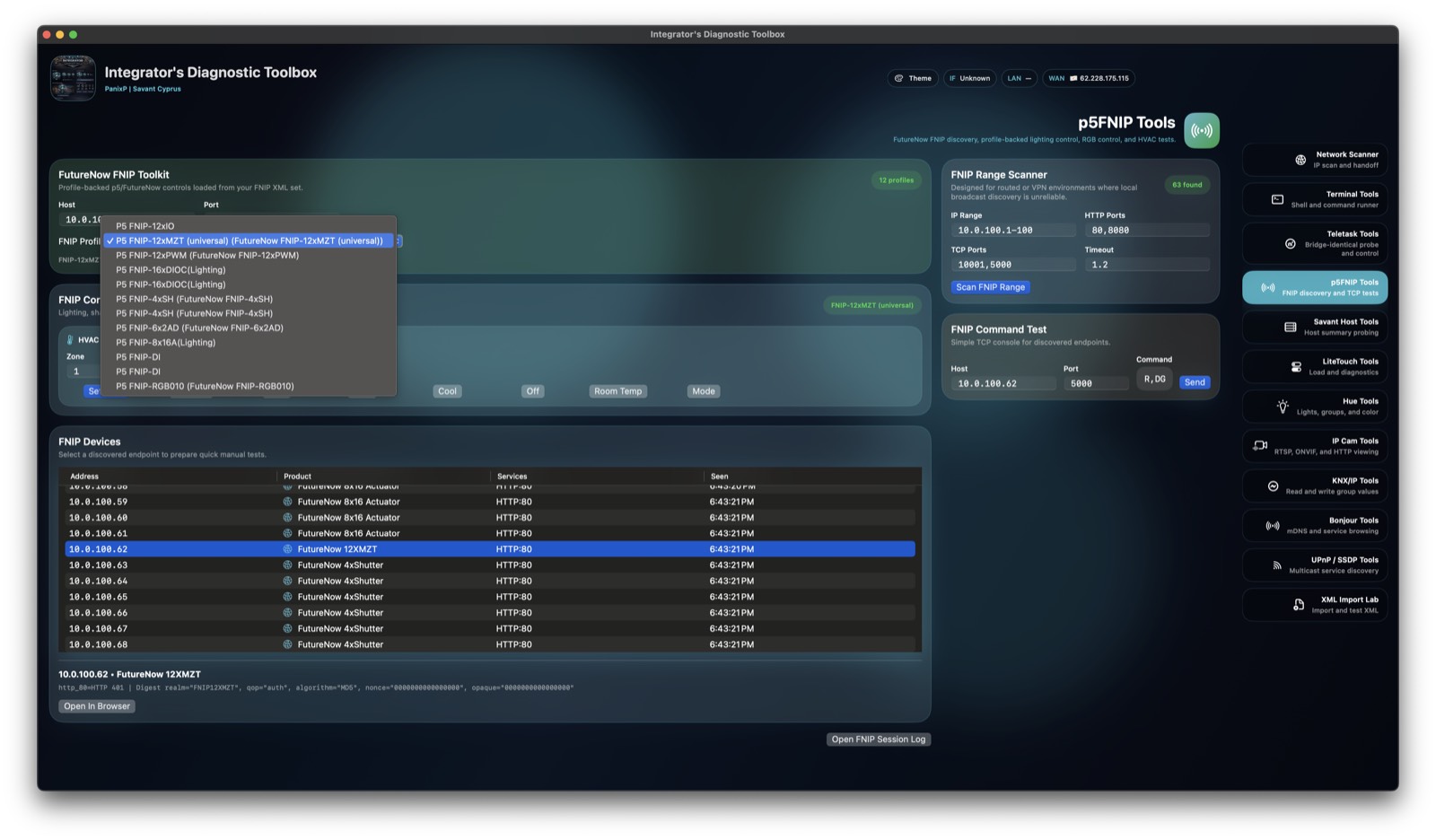 Diagnostic Tool screenshot showing p5FNIP tools with 12XMT profile selection.