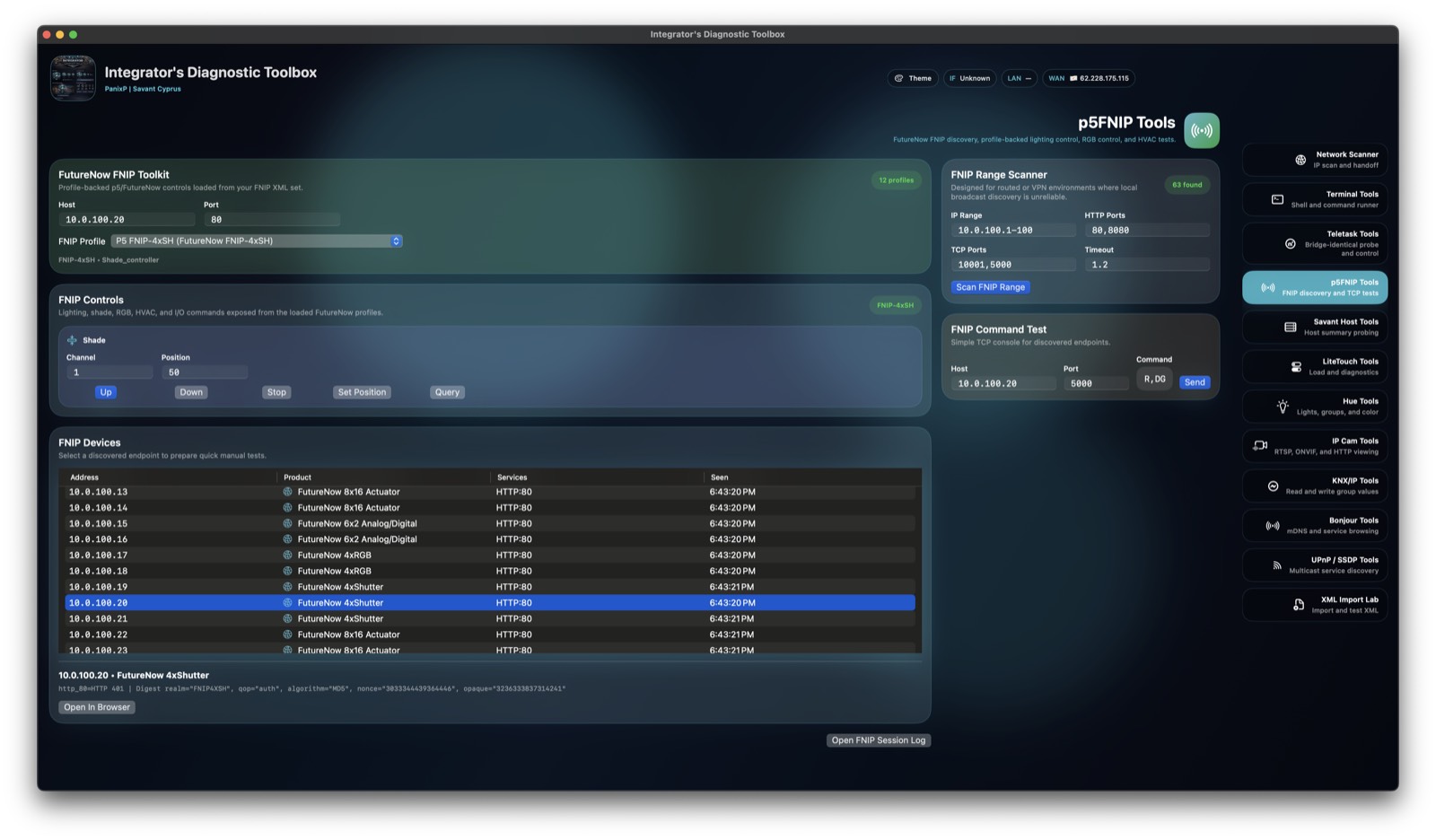 Diagnostic Tool screenshot showing p5FNIP shade controls.