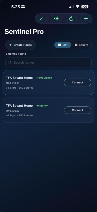 Sentinel Pro beta screenshot showing the home list and connect flow.
