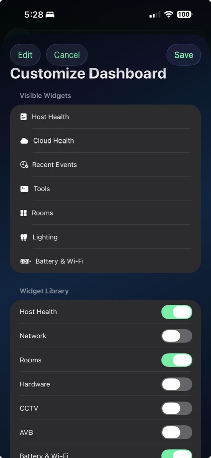 Sentinel Pro beta screenshot showing dashboard customization and widget controls.