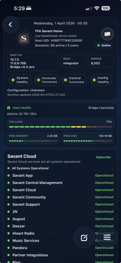 Sentinel Pro beta screenshot showing host health and Savant cloud status.