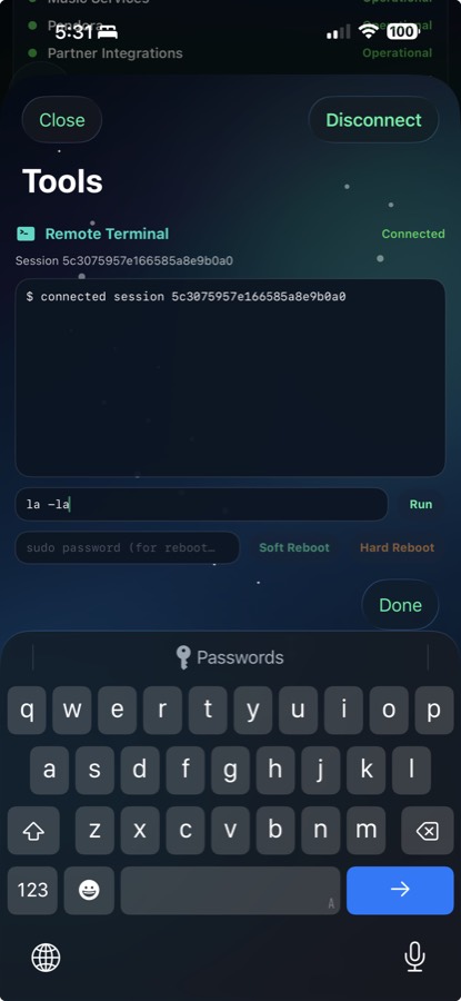 Sentinel Pro beta screenshot showing remote terminal tool view with keyboard.