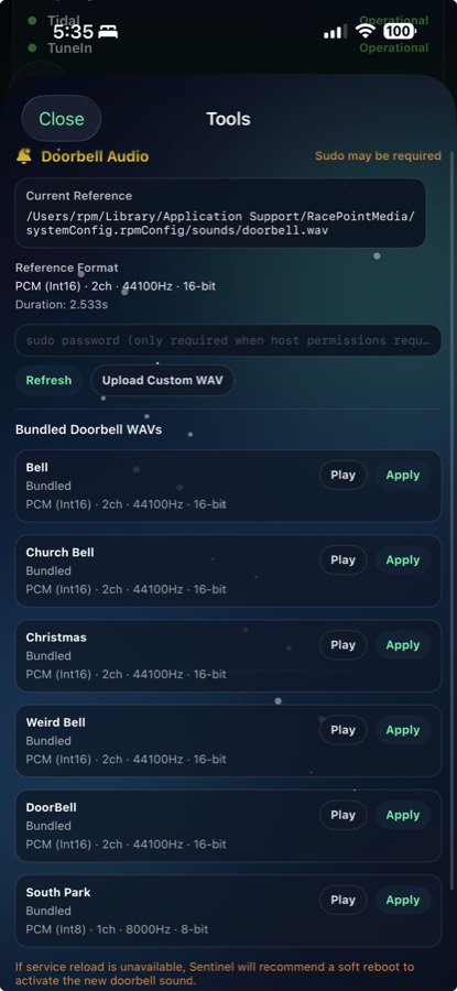 Sentinel Pro beta screenshot showing doorbell audio tool and bundled waveforms.