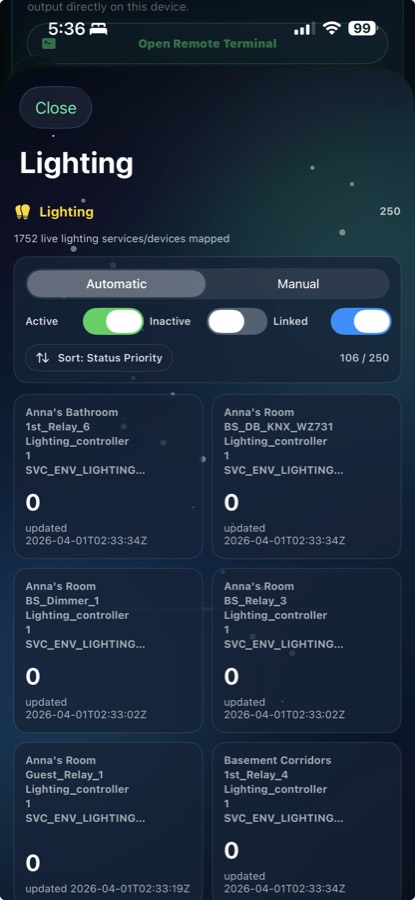 Sentinel Pro beta screenshot showing lighting service cards and control mode toggles.