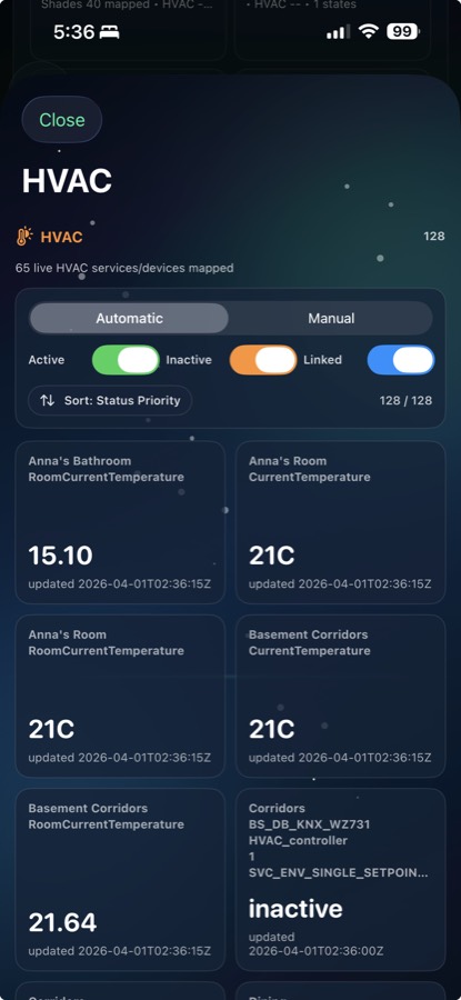 Sentinel Pro beta screenshot showing HVAC controls and mapped service cards.